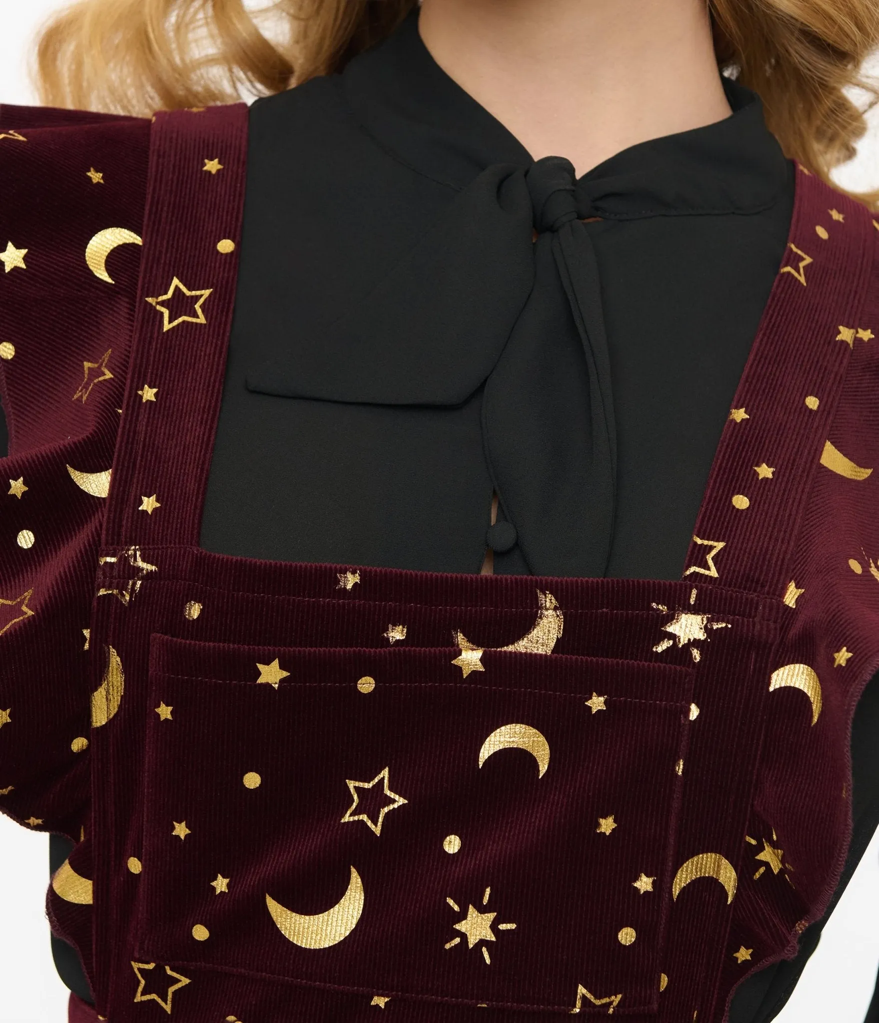 Unique Vintage Burgundy & Gold Moon & Star Corduroy Ruffle Pinafore sold by Unique Vintage product image thumbnail 2