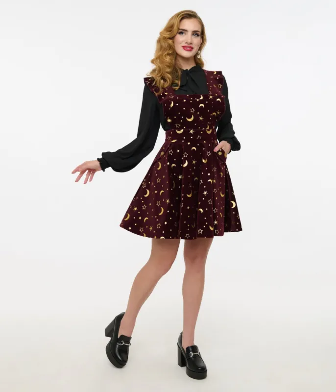 Unique Vintage Burgundy & Gold Moon & Star Corduroy Ruffle Pinafore sold by Unique Vintage