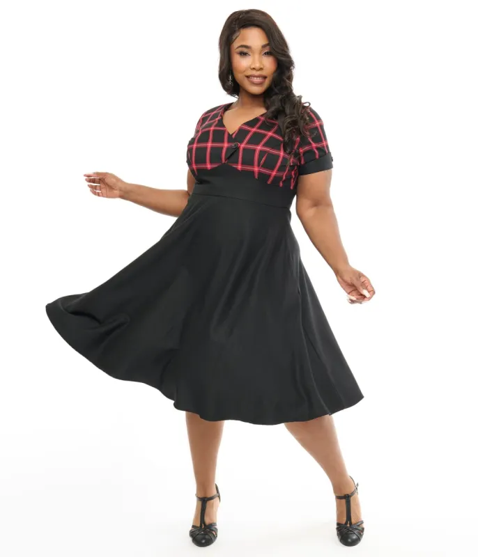 Hell Bunny Plus Size 1950s Red & Black Tartan Janine Swing Dress sold by Unique Vintage