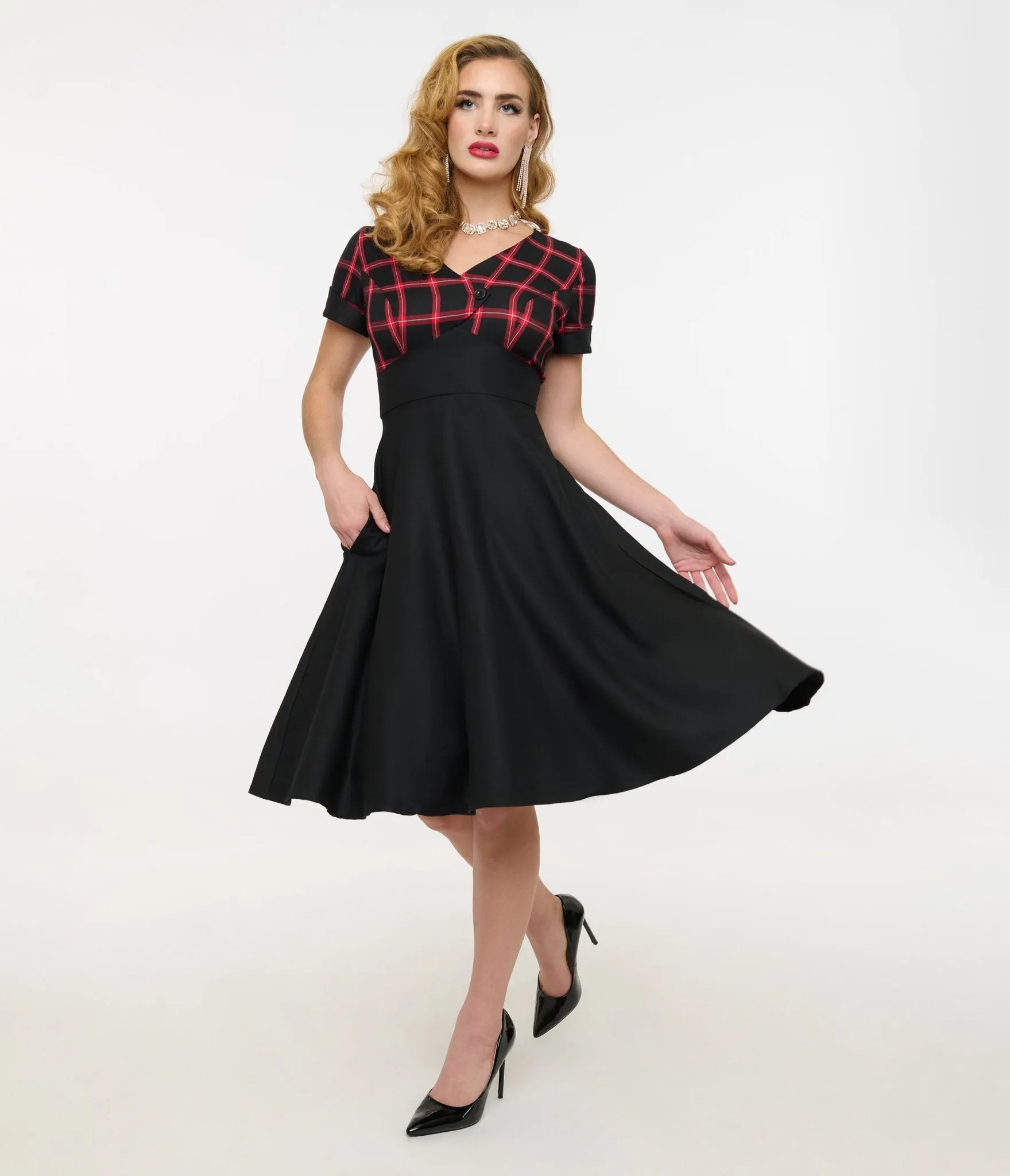 Hell Bunny 1950s Red & Black Tartan Janine Swing Dress sold by Unique Vintage