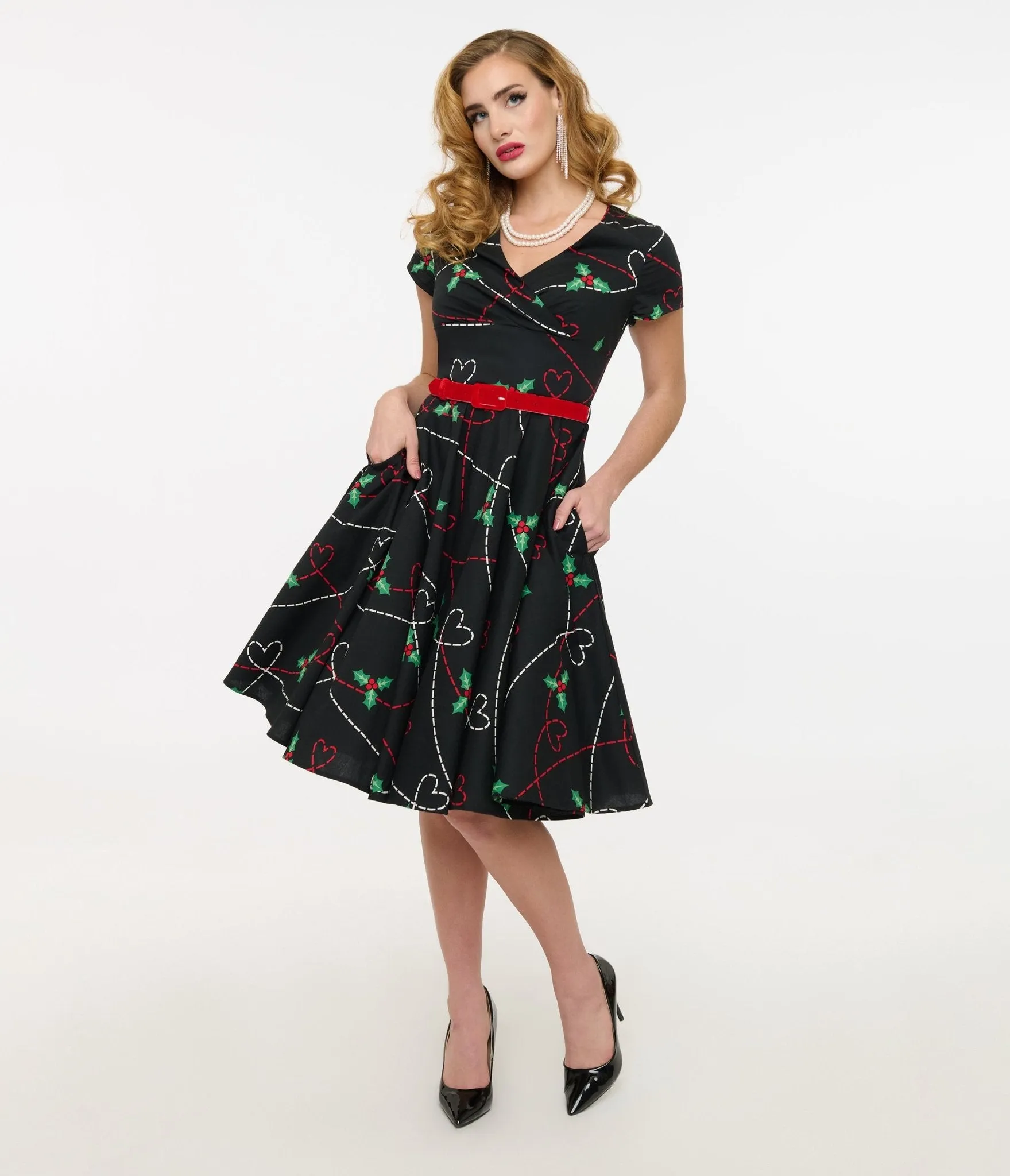 Hell Bunny 1950s Festive Hearts & Holly Print Angelica Swing Dress sold by Unique Vintage product image thumbnail 3