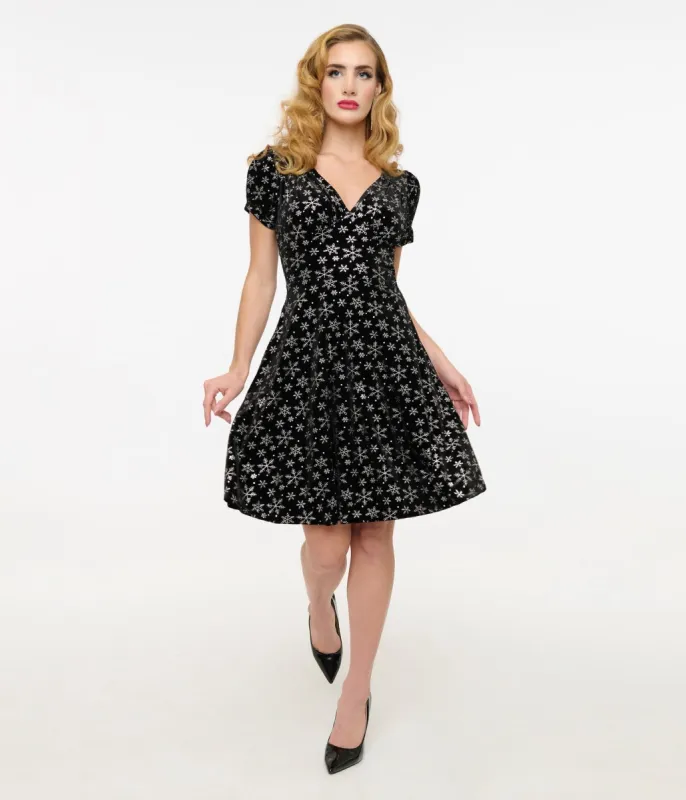 Hell Bunny 1950s Black & Silver Metallic Snowflake Velvet Fit & Flare Dress sold by Unique Vintage