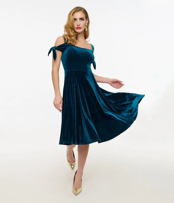 Hell Bunny Teal Velvet Off The Shoulder Midi Dress sold by Unique Vintage