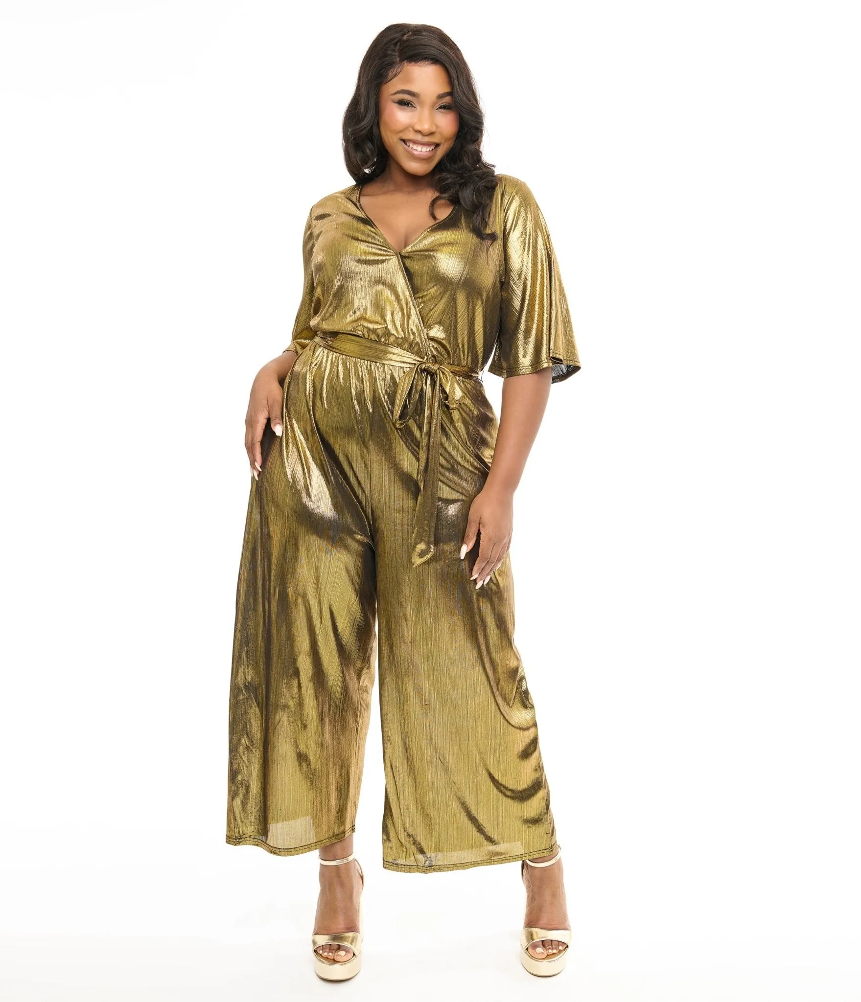 Hell Bunny Plus Size 1970s Gold Lurex Jumpsuit sold by Unique Vintage product image thumbnail 3