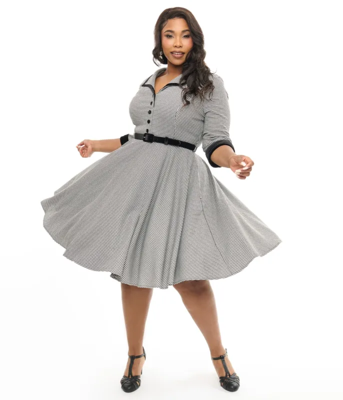 Hell Bunny Plus Size 1950s Black & White Houndstooth Swing Dress sold by Unique Vintage
