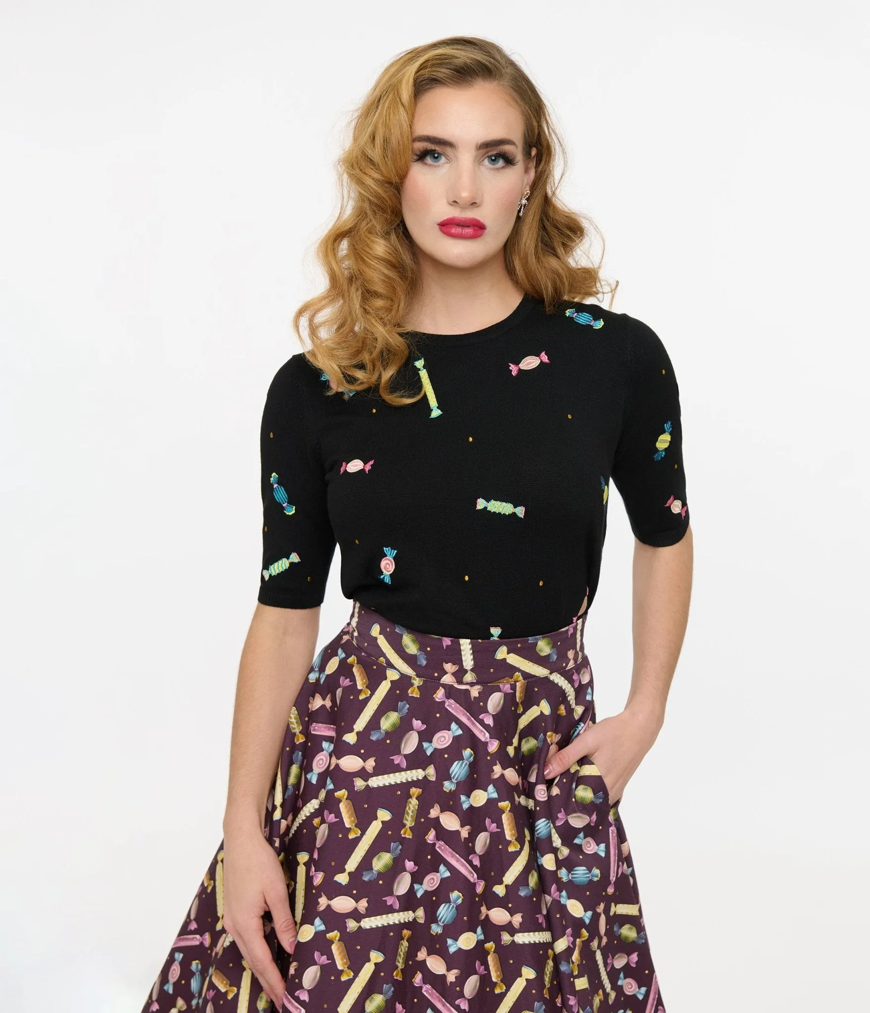 Royal Monk 1950s Black & Rainbow Candy Sweater sold by Unique Vintage