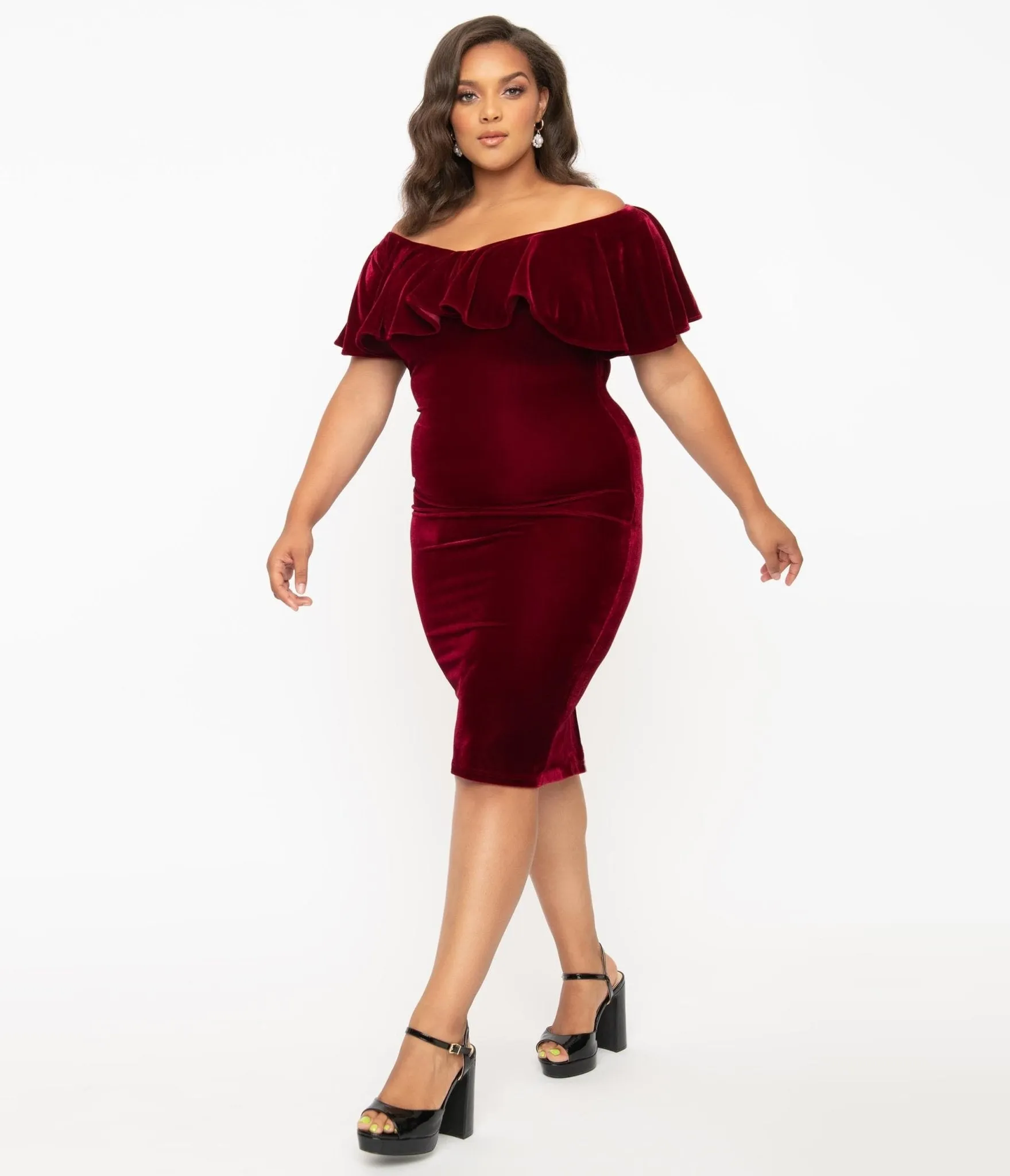 Unique Vintage Plus Size 1950s Burgundy Red Velvet Sophia Wiggle Dress sold by Unique Vintage product image thumbnail 3
