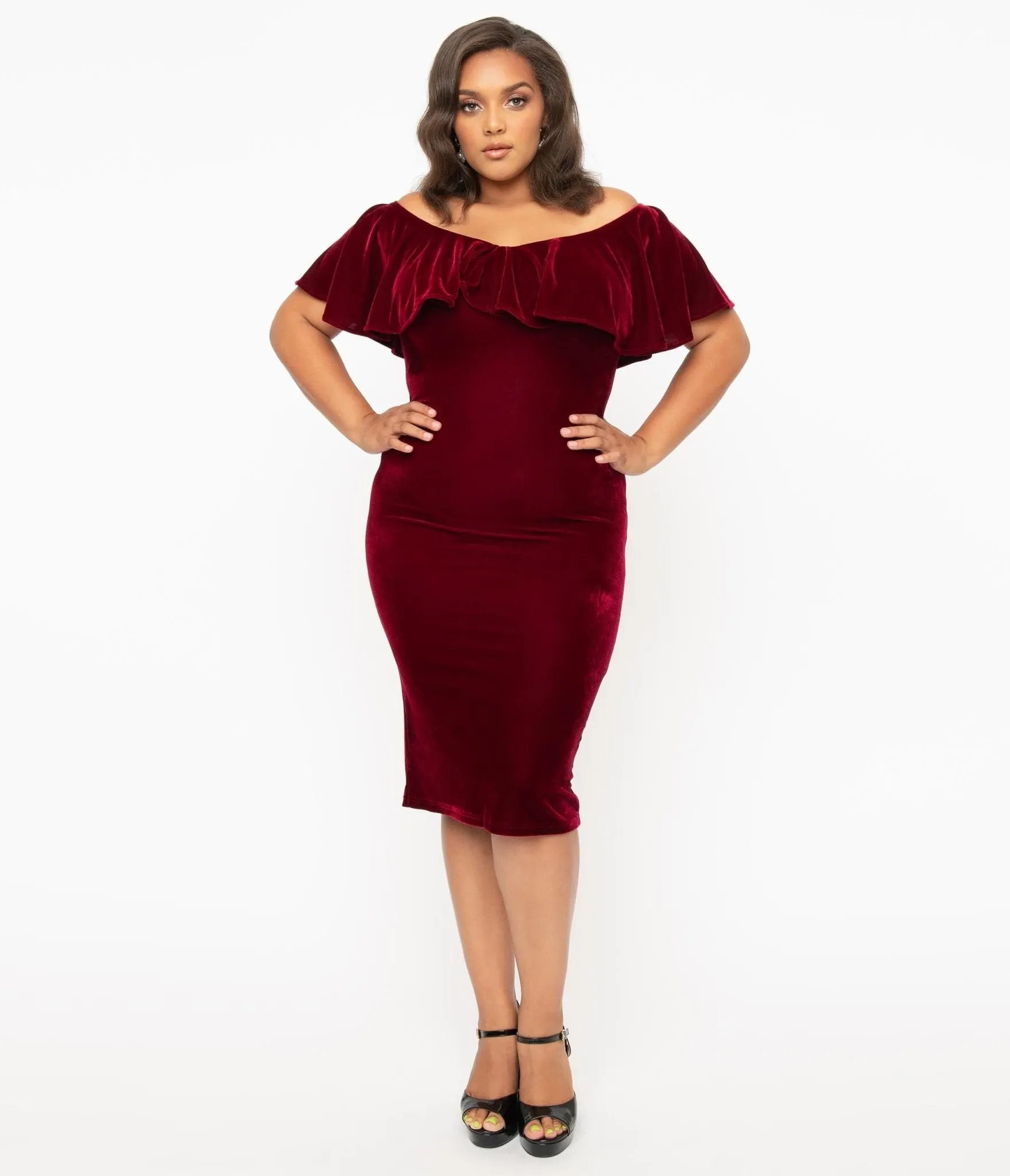 Unique Vintage Plus Size 1950s Burgundy Red Velvet Sophia Wiggle Dress sold by Unique Vintage product image thumbnail 4