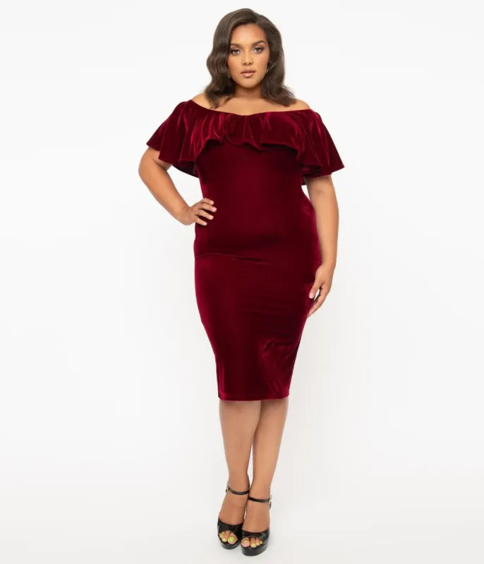 Unique Vintage Plus Size 1950s Burgundy Red Velvet Sophia Wiggle Dress sold by Unique Vintage