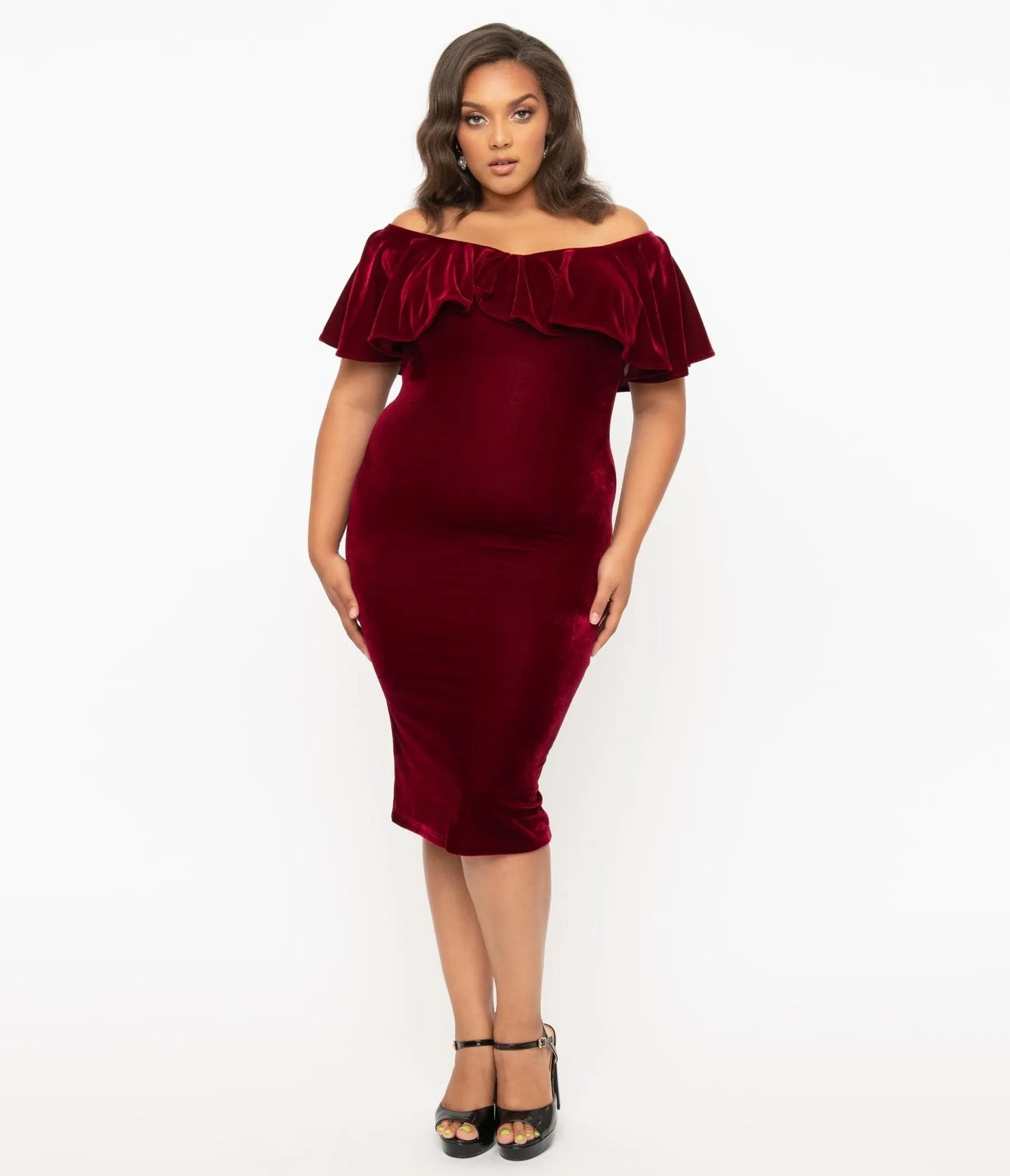 Unique Vintage Plus Size 1950s Burgundy Red Velvet Sophia Wiggle Dress sold by Unique Vintage product image thumbnail 5