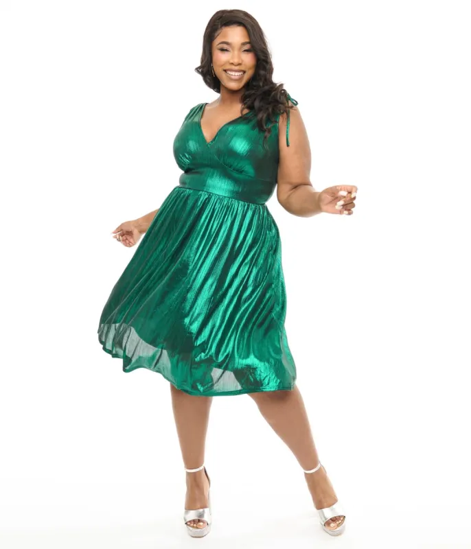 Hell Bunny Plus Size 1970s Green Metallic Gigi Midi Dress sold by Unique Vintage