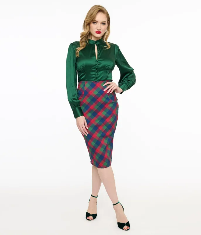 Unique Vintage 1950s Green & Red Plaid Tracy Pencil Skirt sold by Unique Vintage