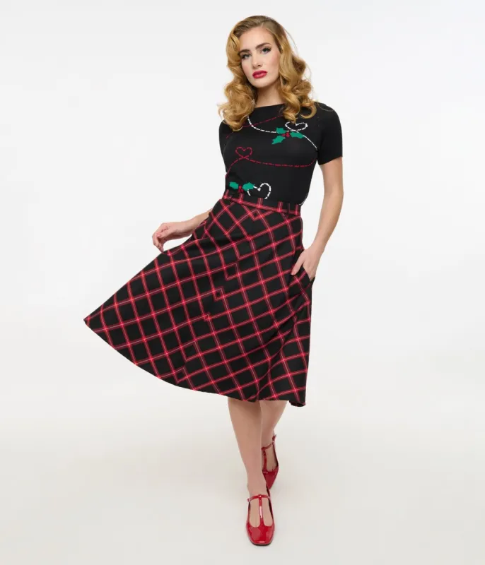 Hell Bunny 1950s Red & Black Tartan Janine Swing Skirt sold by Unique Vintage