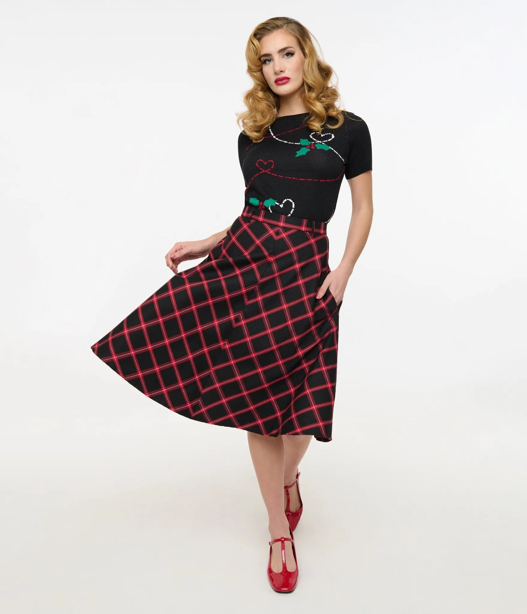 Hell Bunny 1950s Red & Black Tartan Janine Swing Skirt sold by Unique Vintage