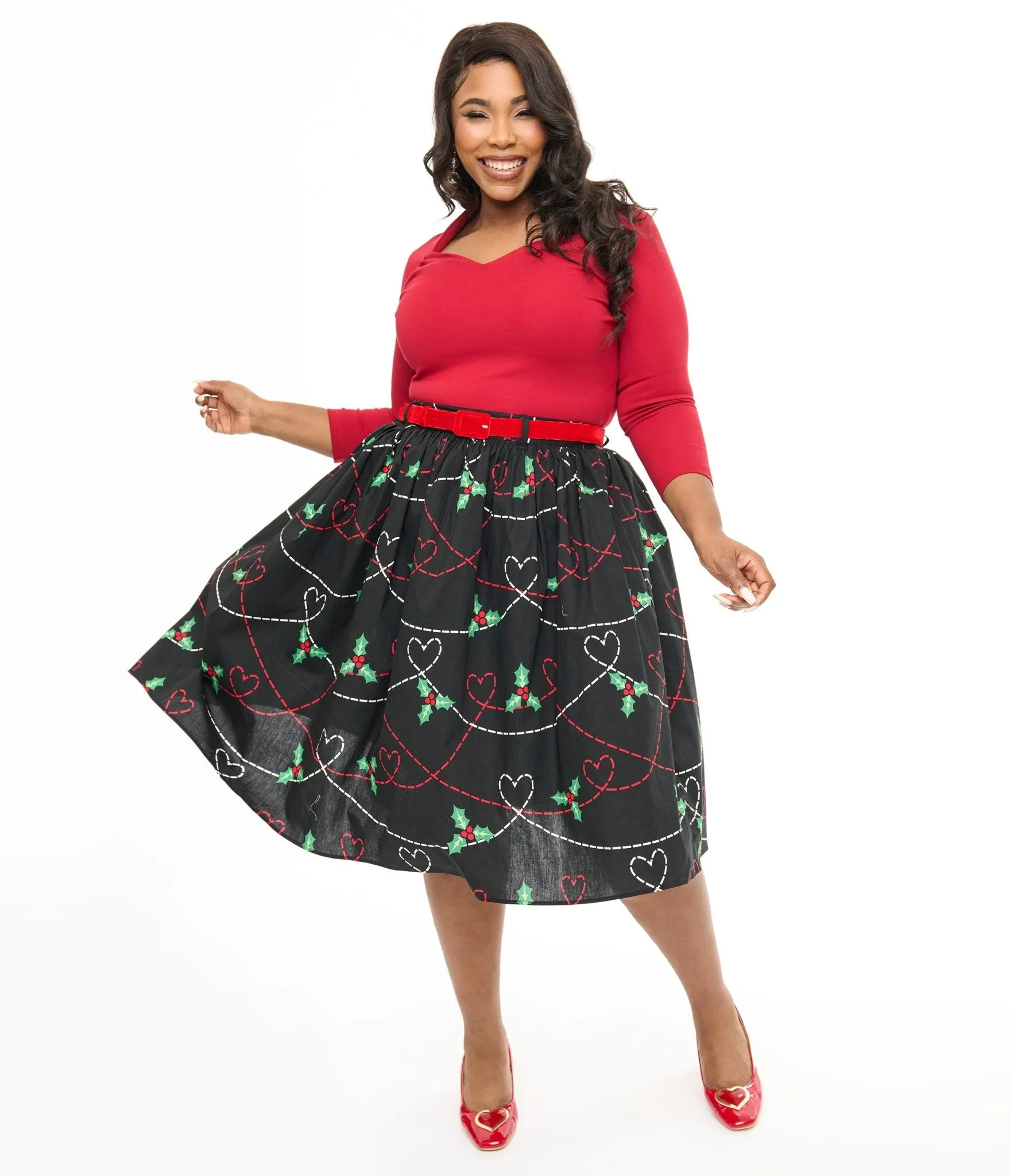 Hell Bunny Plus Size 1950s Festive Hearts & Holly Print Angelica Swing Skirt sold by Unique Vintage