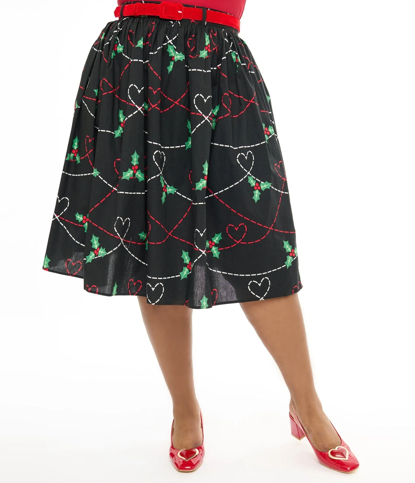 Hell Bunny Plus Size 1950s Festive Hearts & Holly Print Angelica Swing Skirt sold by Unique Vintage product image thumbnail 2