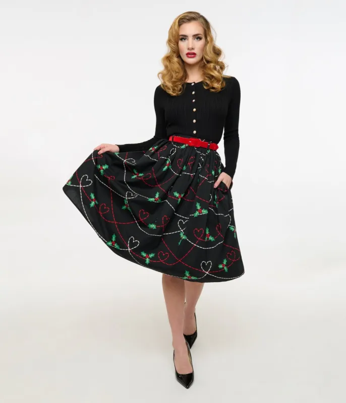 Hell Bunny 1950s Festive Hearts & Holly Print Angelica Swing Skirt sold by Unique Vintage