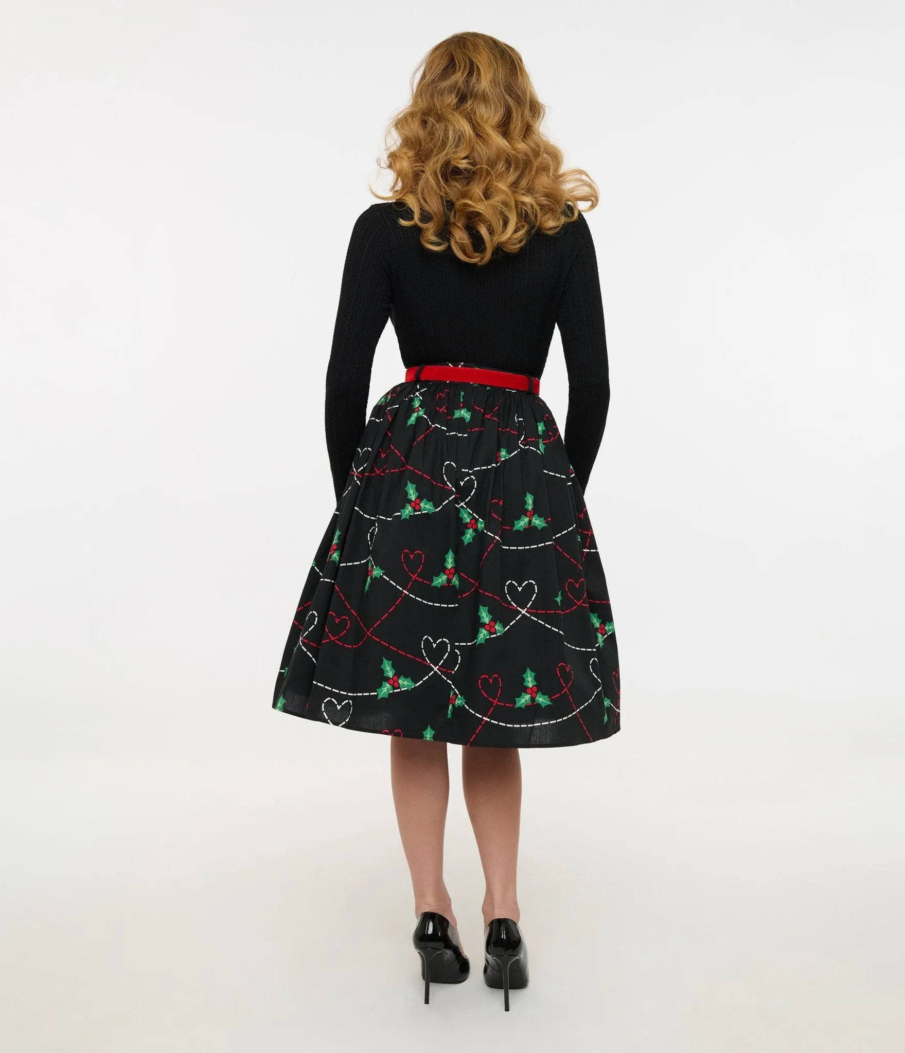 Hell Bunny 1950s Festive Hearts & Holly Print Angelica Swing Skirt sold by Unique Vintage product image thumbnail 3