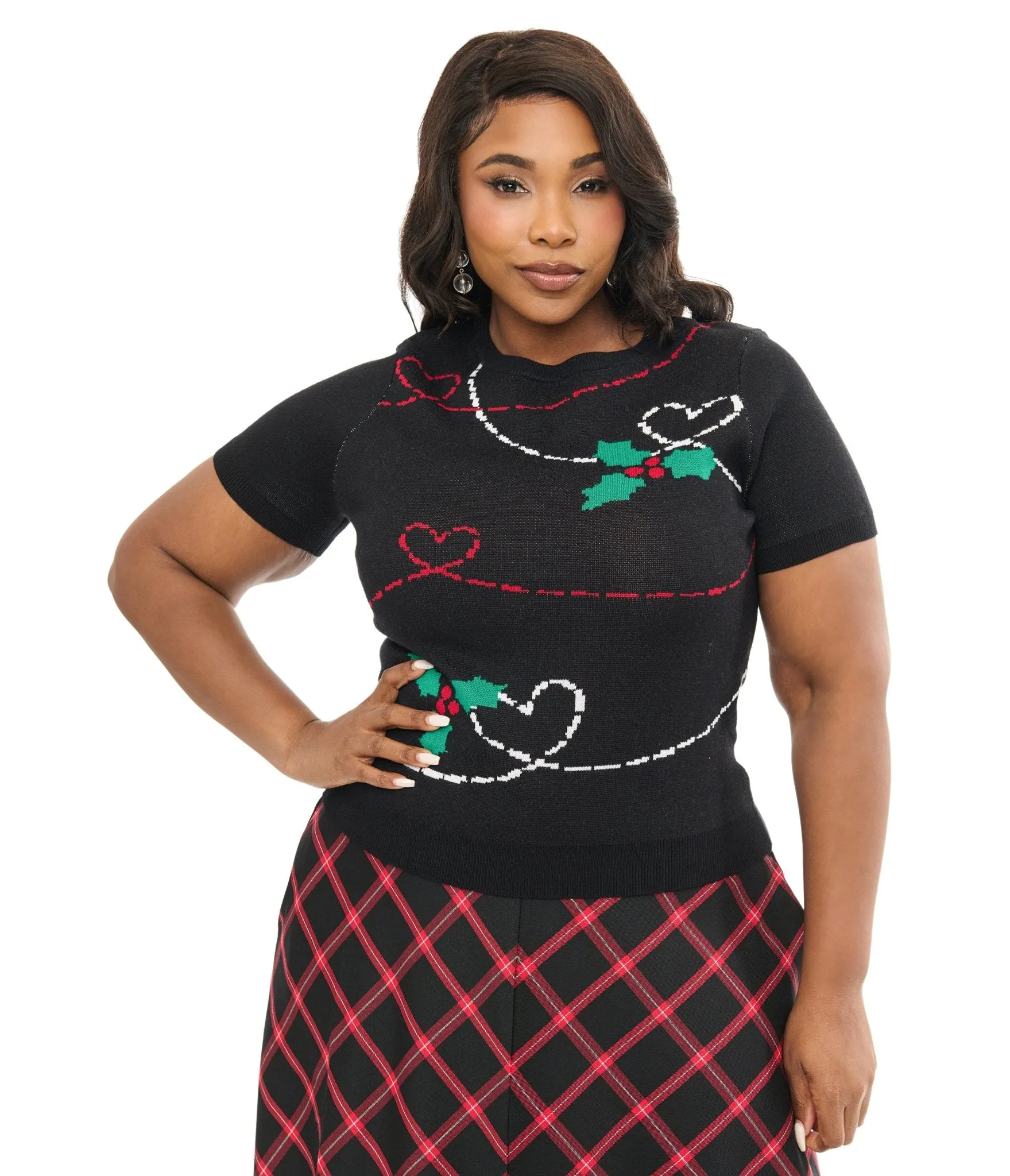 Hell Bunny Plus Size 1950s Festive Hearts & Holly Print Angelica Knit Top sold by Unique Vintage product image thumbnail 3