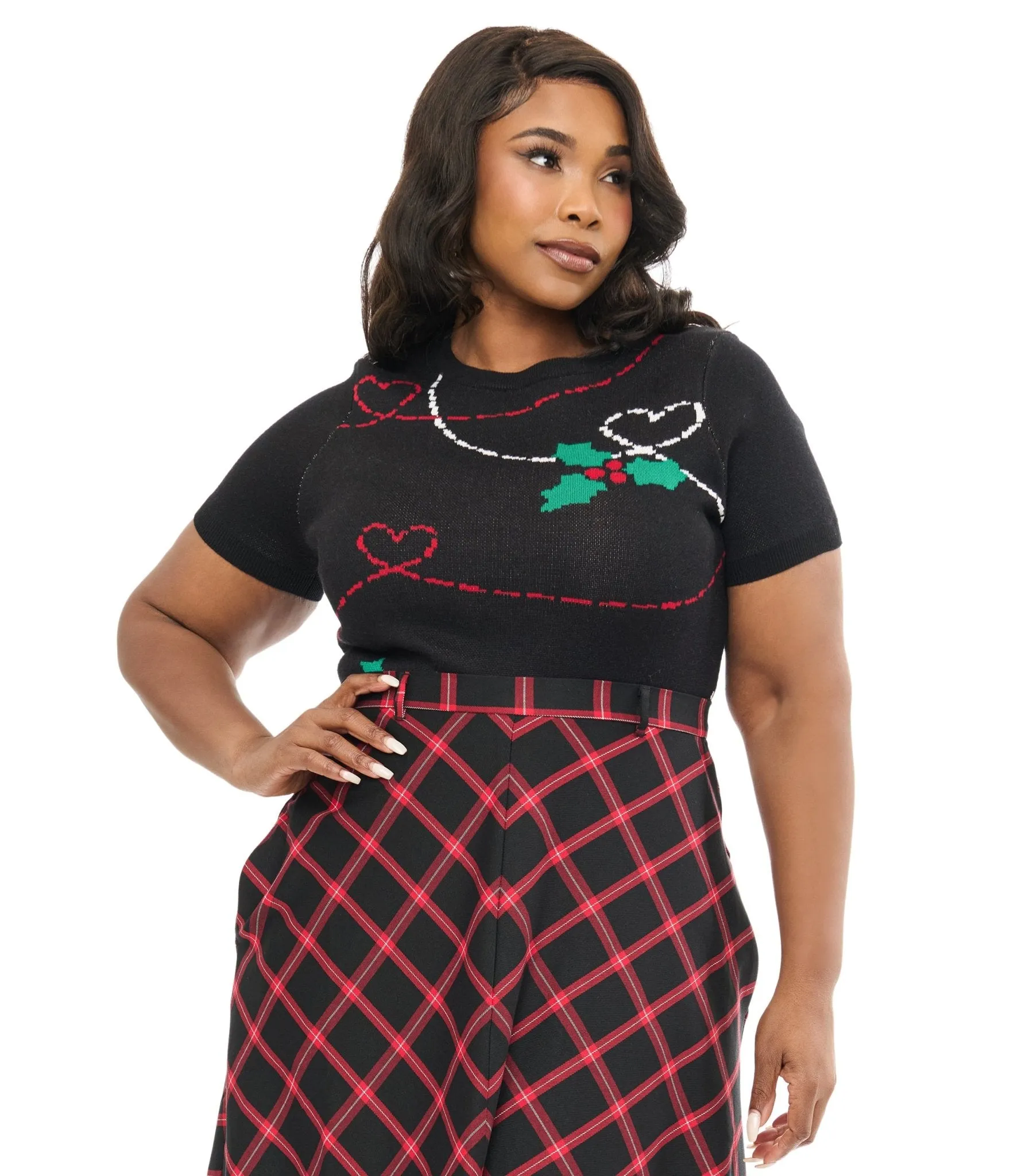 Hell Bunny Plus Size 1950s Festive Hearts & Holly Print Angelica Knit Top sold by Unique Vintage