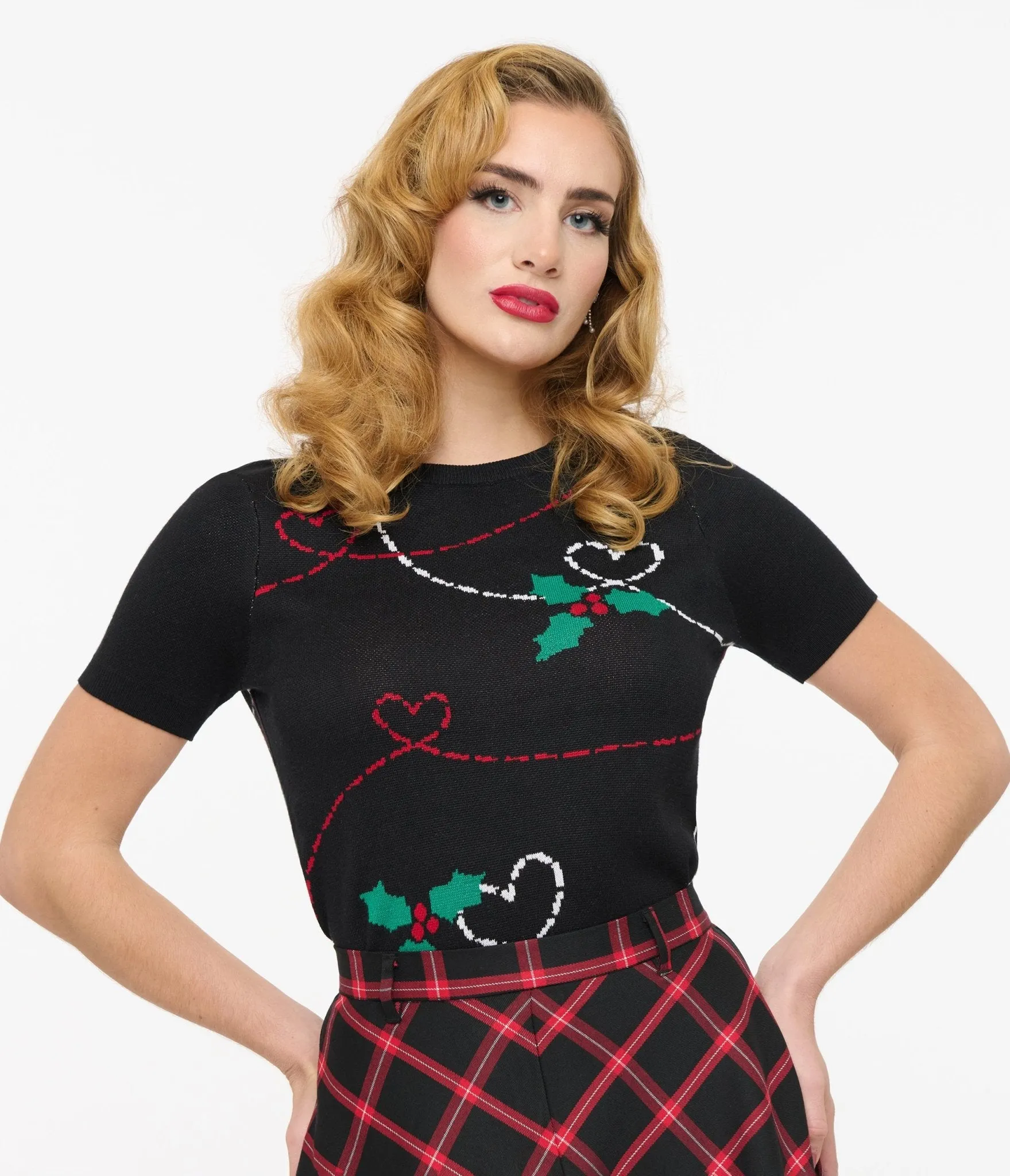 Hell Bunny 1950s Festive Hearts & Holly Print Angelica Knit Top sold by Unique Vintage
