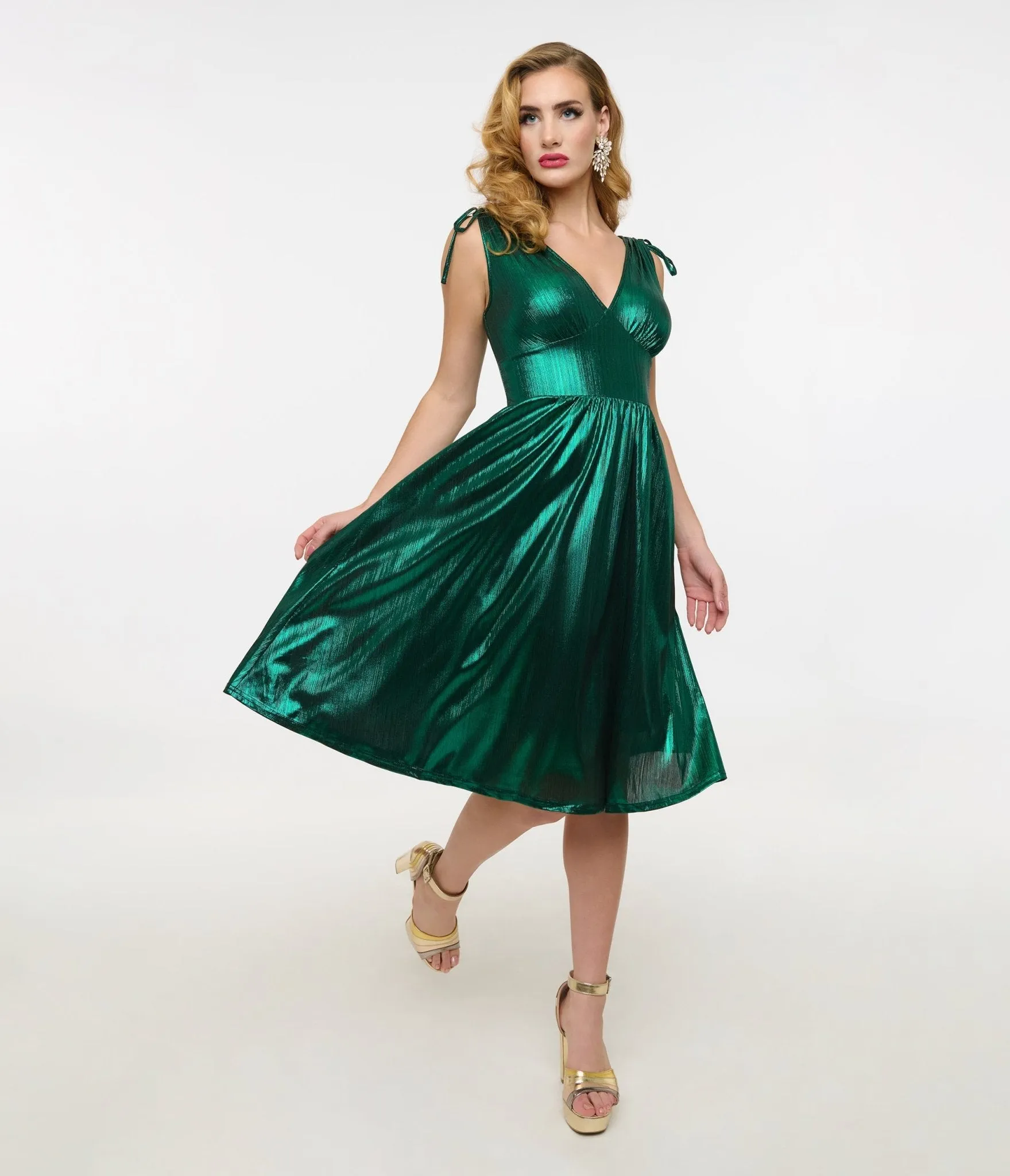 Hell Bunny 1970s Green Metallic Gigi Midi Dress sold by Unique Vintage