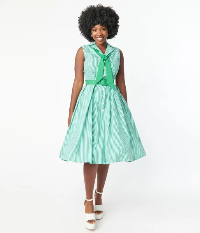 Unique Vintage Green & White Stripe Edith Swing Dress made by Unique Vintage