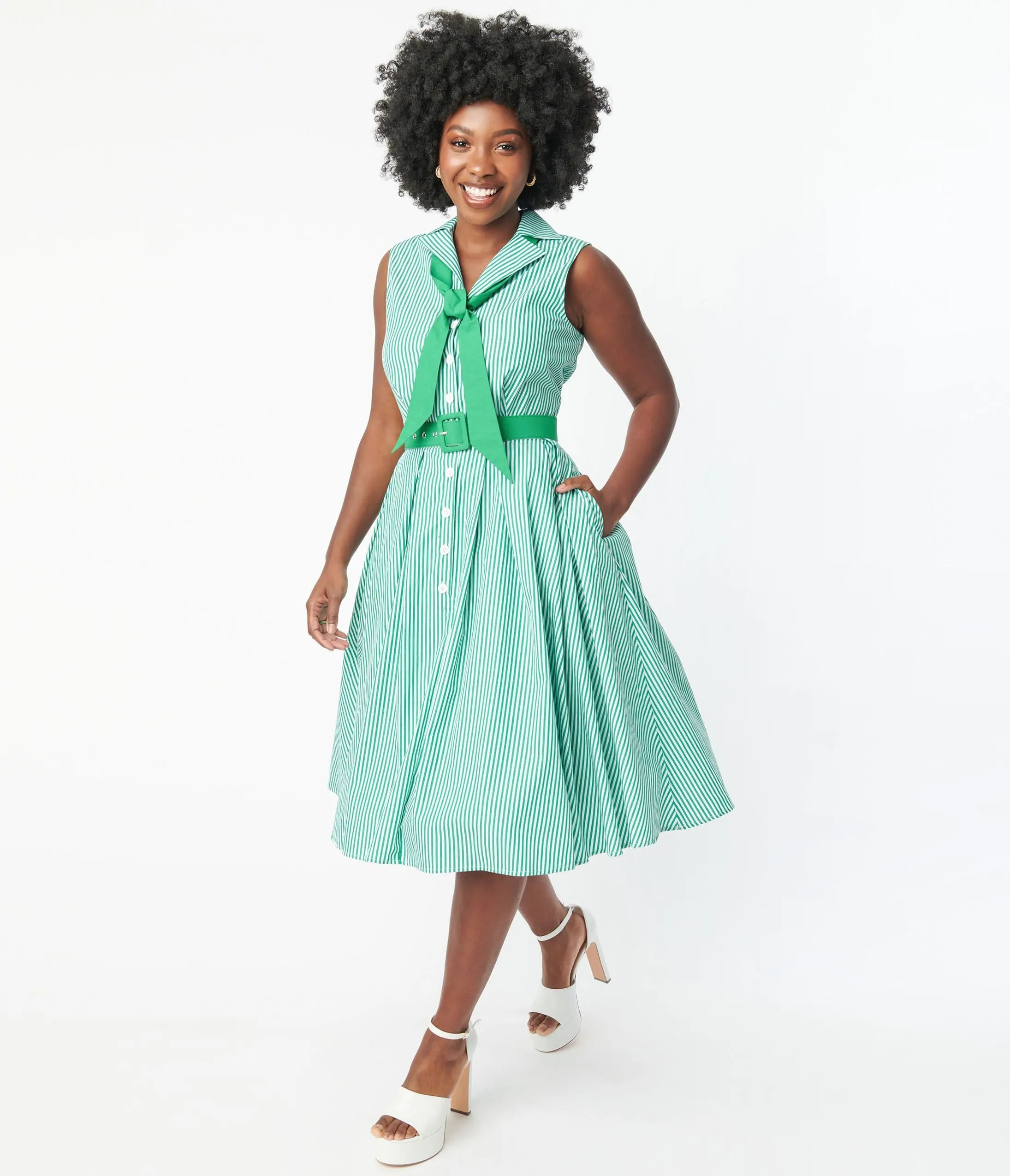 Unique Vintage Green & White Stripe Edith Swing Dress sold by Unique Vintage product image thumbnail 4