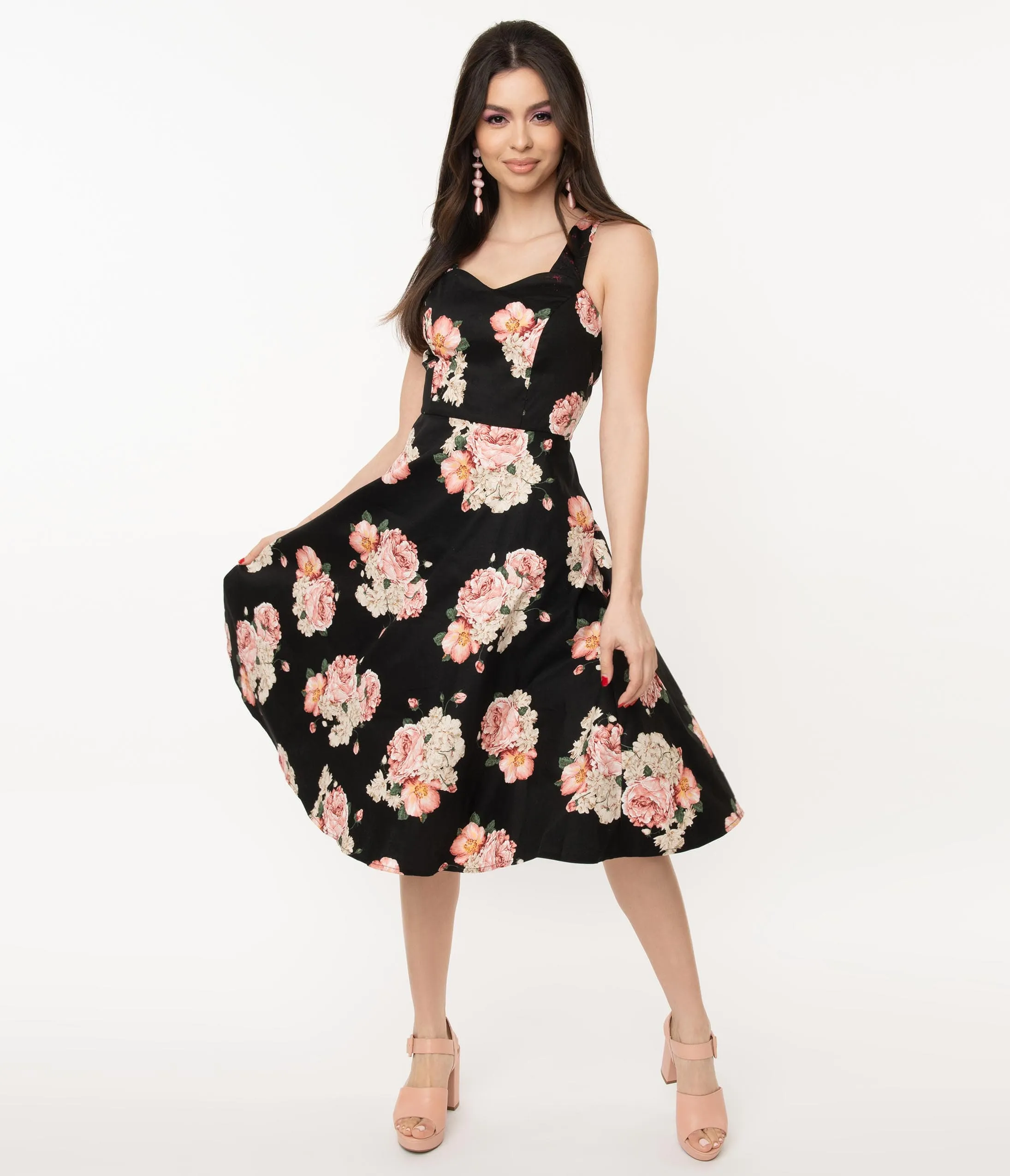 1950s Black & Pink English Rose Print Swing Dress sold by Unique Vintage product image thumbnail 4