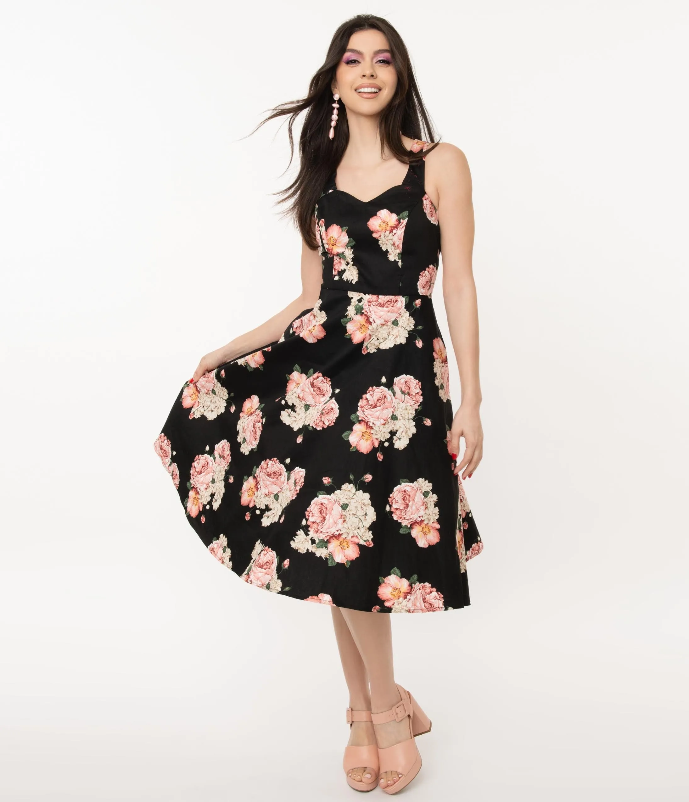 1950s Black & Pink English Rose Print Swing Dress sold by Unique Vintage