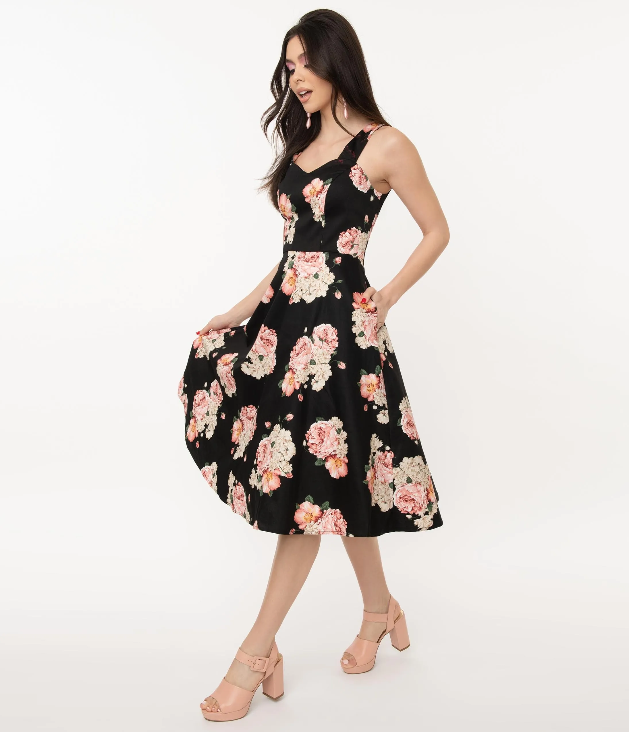1950s Black & Pink English Rose Print Swing Dress sold by Unique Vintage product image thumbnail 5