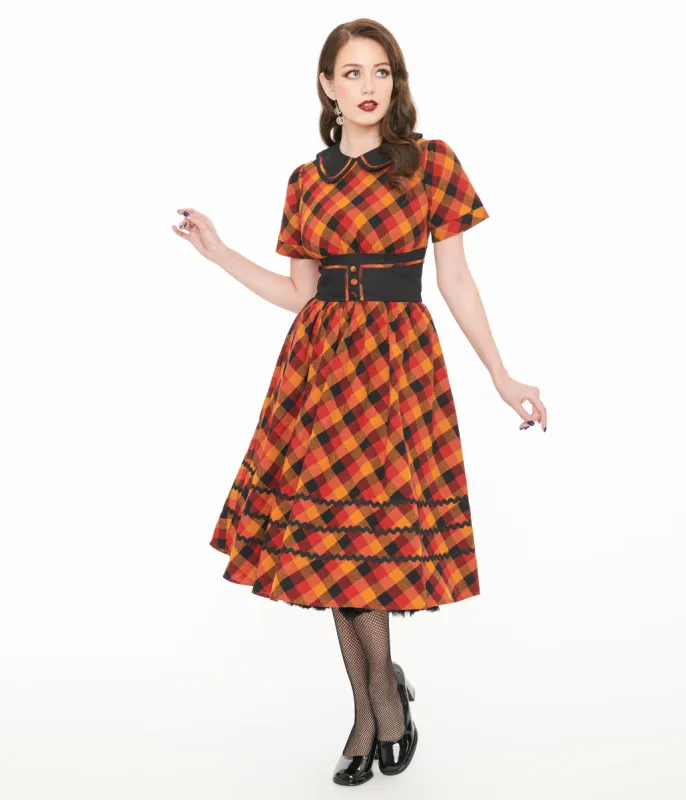 Unique Vintage 1950s Orange & Red Plaid Peter Pan Collar Swing Dress sold by Unique Vintage