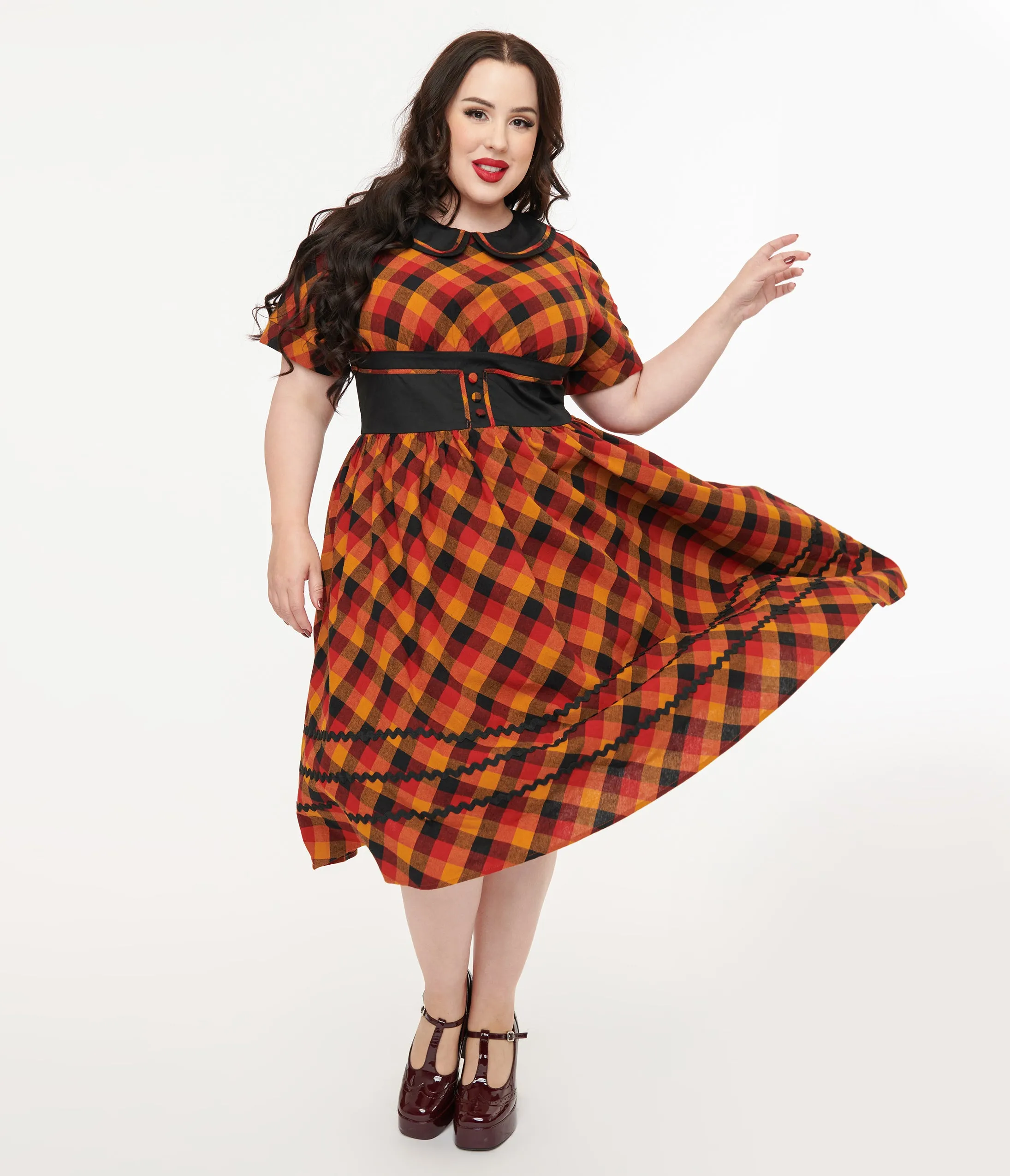 Unique Vintage Plus Size 1950s Orange & Red Plaid Peter Pan Collar Swing Dress sold by Unique Vintage
