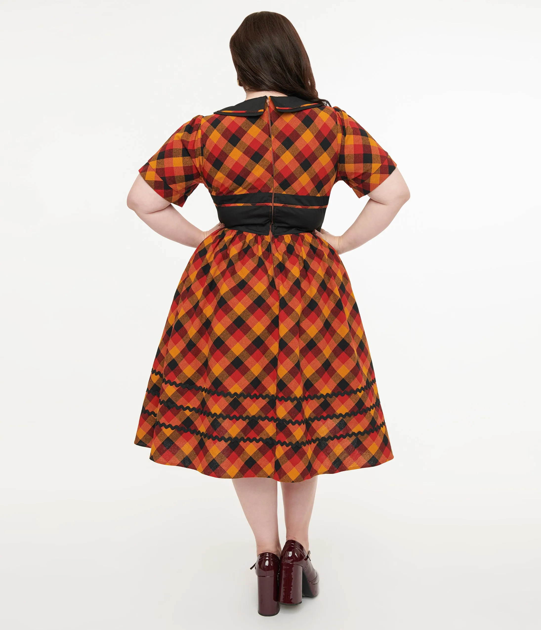 Unique Vintage Plus Size 1950s Orange & Red Plaid Peter Pan Collar Swing Dress sold by Unique Vintage product image thumbnail 2