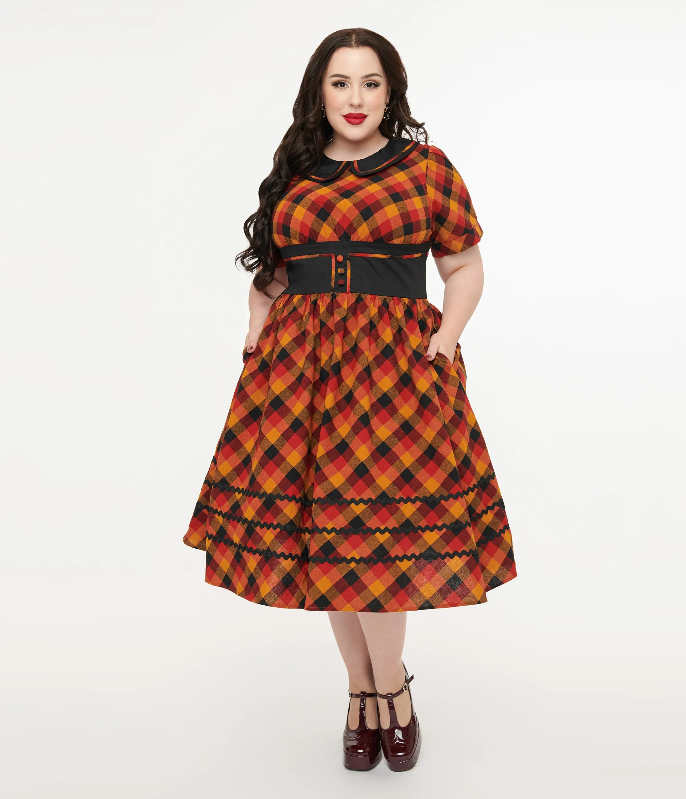 Unique Vintage Plus Size 1950s Orange & Red Plaid Peter Pan Collar Swing Dress sold by Unique Vintage product image thumbnail 3