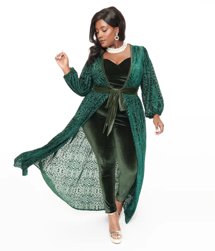 Unique Vintage Plus Size Green Velvet Burnout Hollywood Duster sold by Unique Vintage