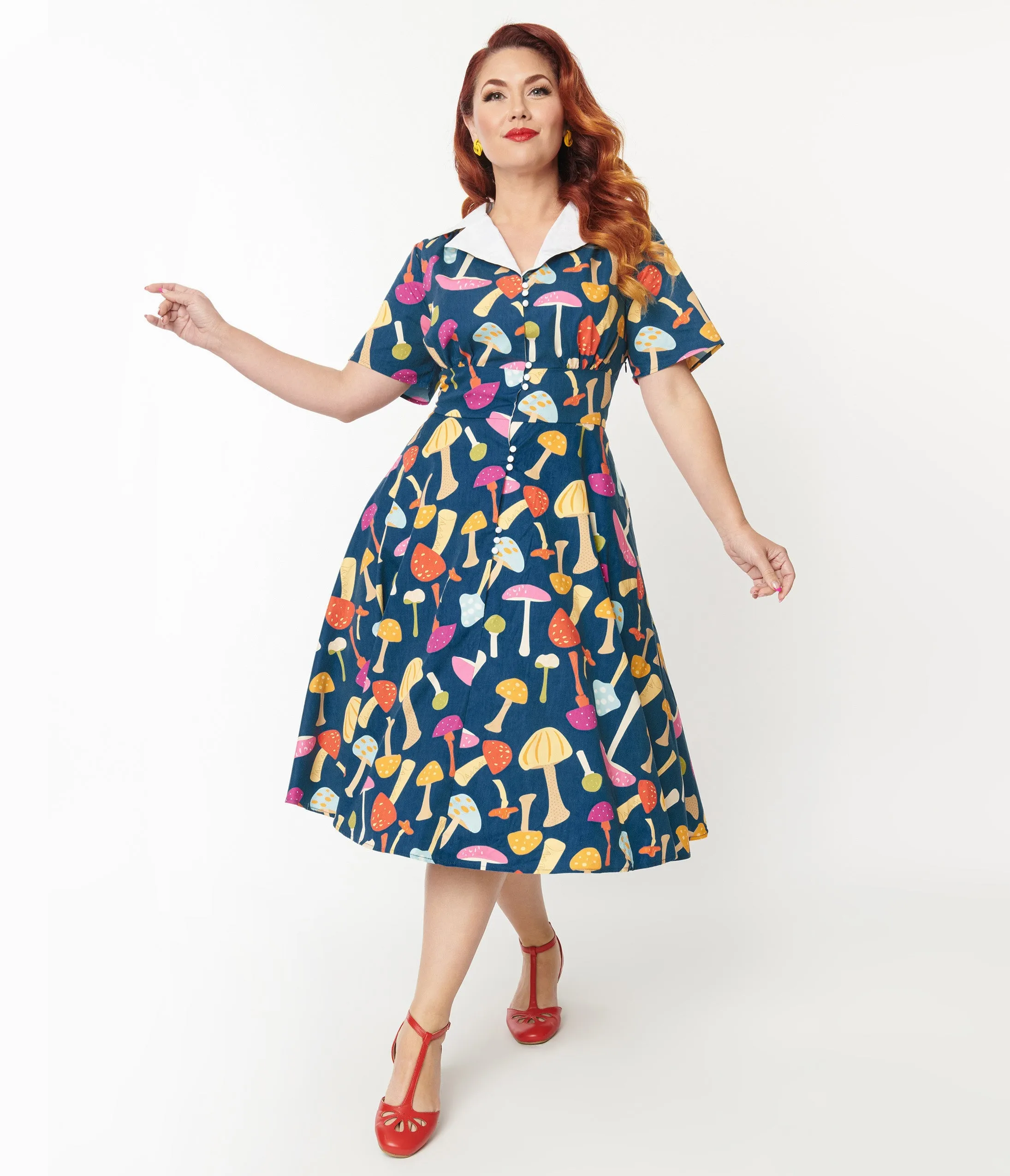 Unique Vintage Plus Size Teal & Multicolor Mushroom Swing Dress sold by Unique Vintage