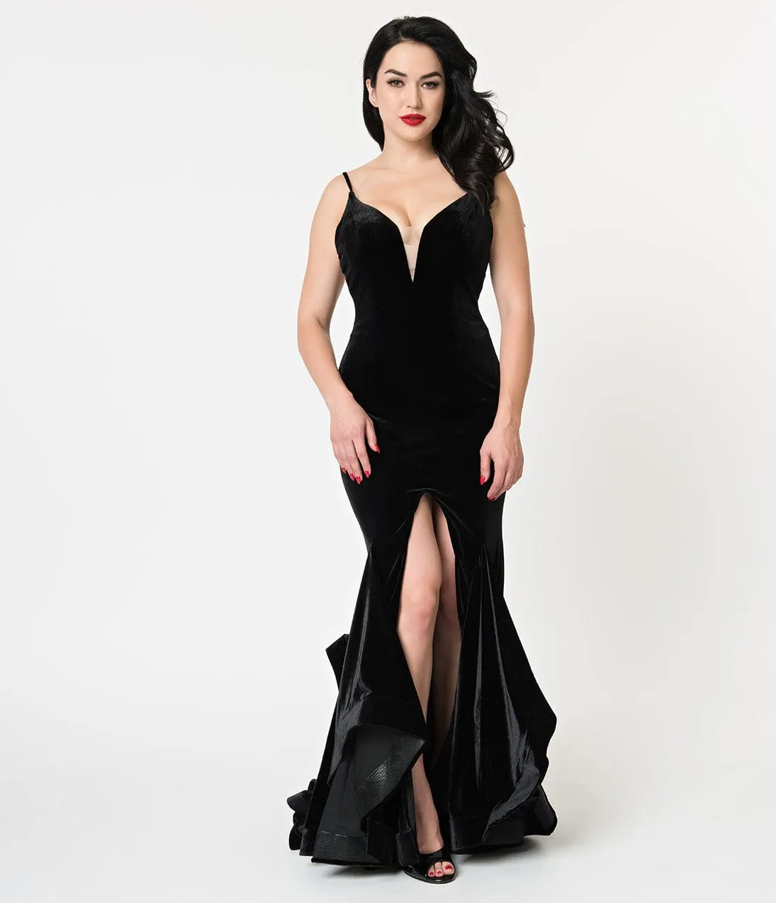 Black Velvet Ruffled Mermaid Sexy Long Dress sold by Unique Vintage product image thumbnail 4