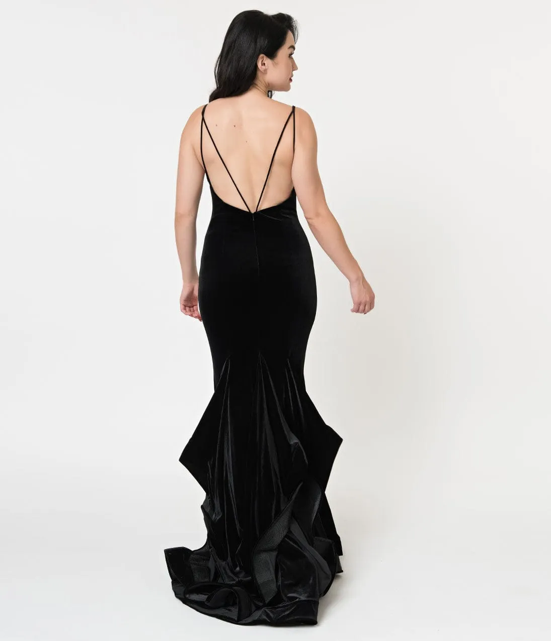 Black Velvet Ruffled Mermaid Sexy Long Dress sold by Unique Vintage product image thumbnail 2