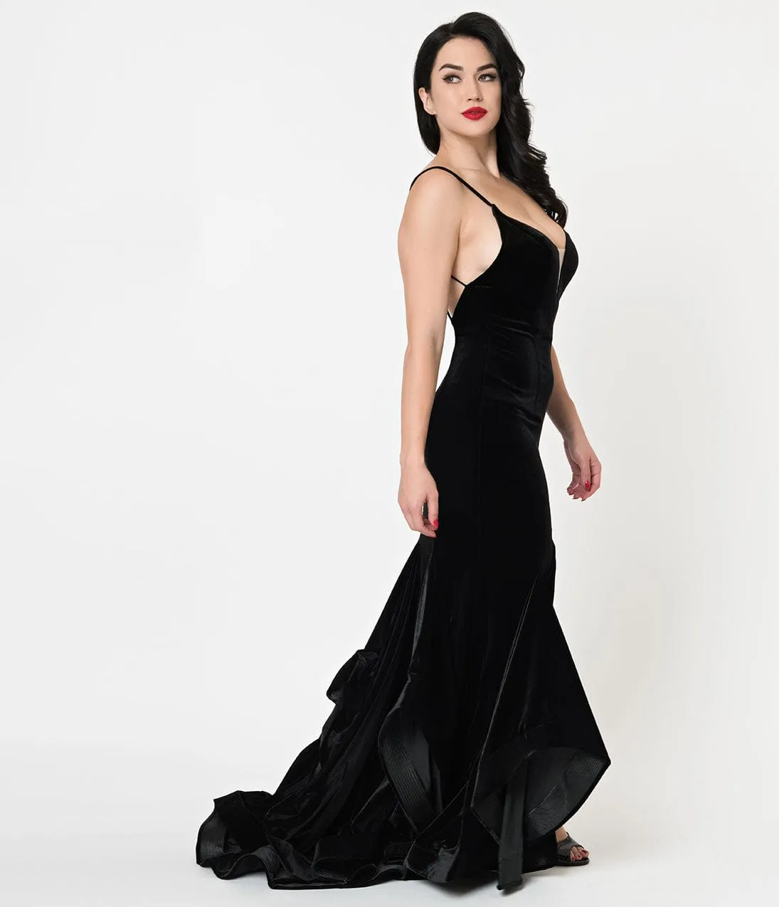 Black Velvet Ruffled Mermaid Sexy Long Dress sold by Unique Vintage product image thumbnail 3