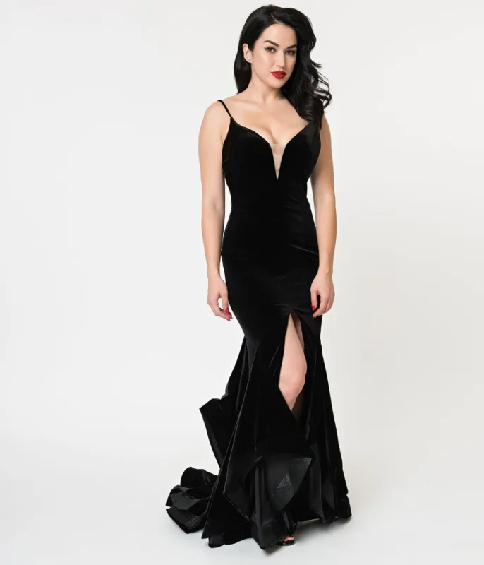 Black Velvet Ruffled Mermaid Sexy Long Dress sold by Unique Vintage