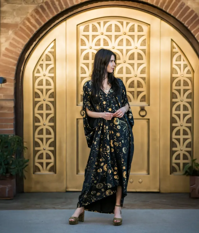Jennafer Grace Black & Gold Celestia Caftan sold by Unique Vintage