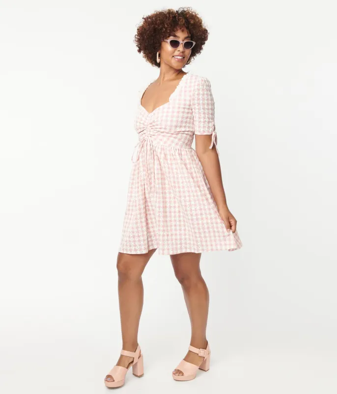 Smak Parlour Pink & White Gingham Eyelet Woodstock Flare Dress sold by Unique Vintage