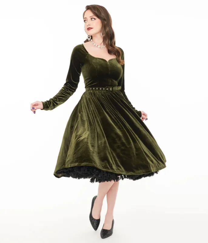 Unique Vintage 1950s Dark Olive Velvet Sweetheart Swing Dress sold by Unique Vintage