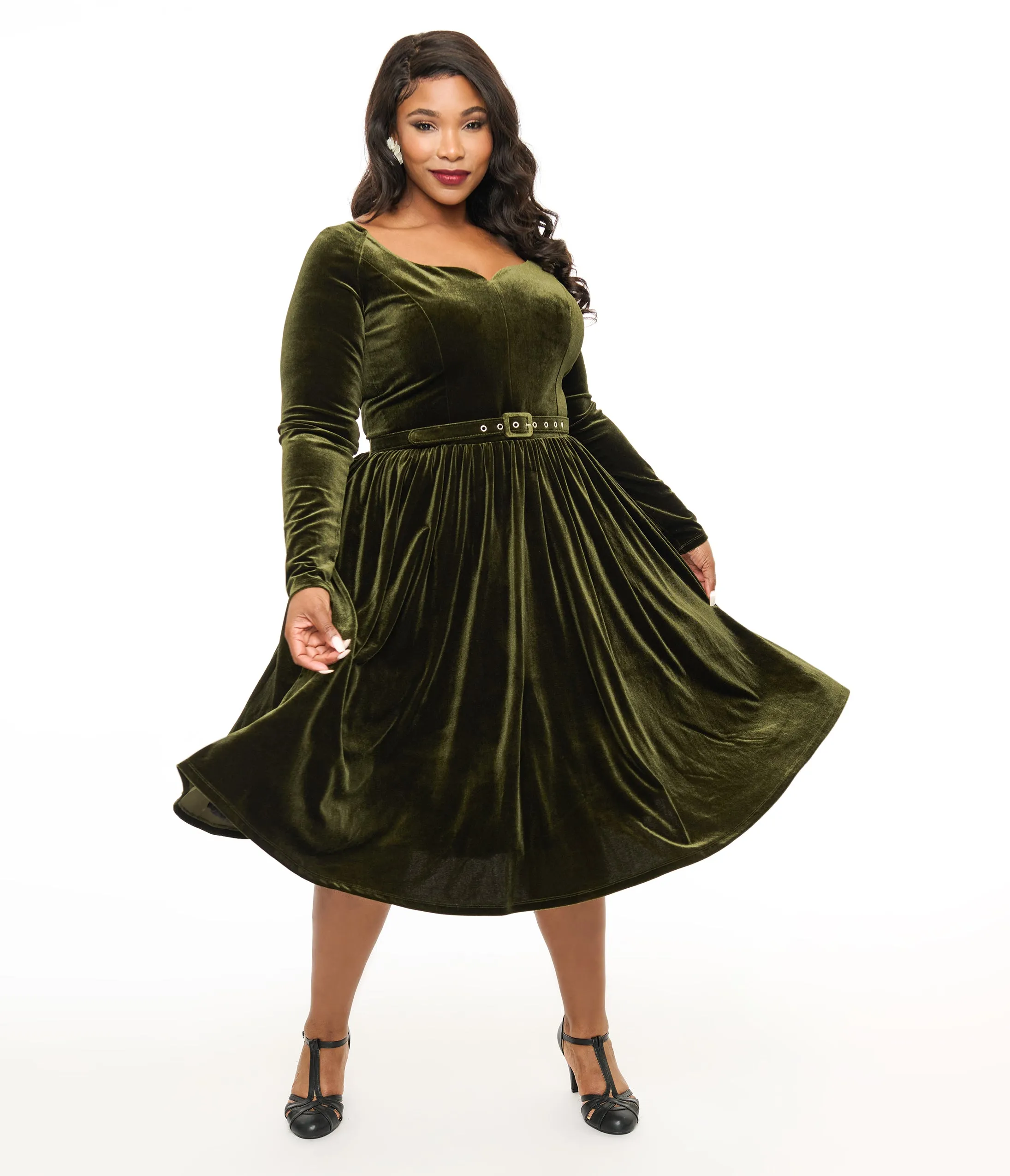 Unique Vintage Plus Size 1950s Dark Olive Velvet Sweetheart Swing Dress sold by Unique Vintage