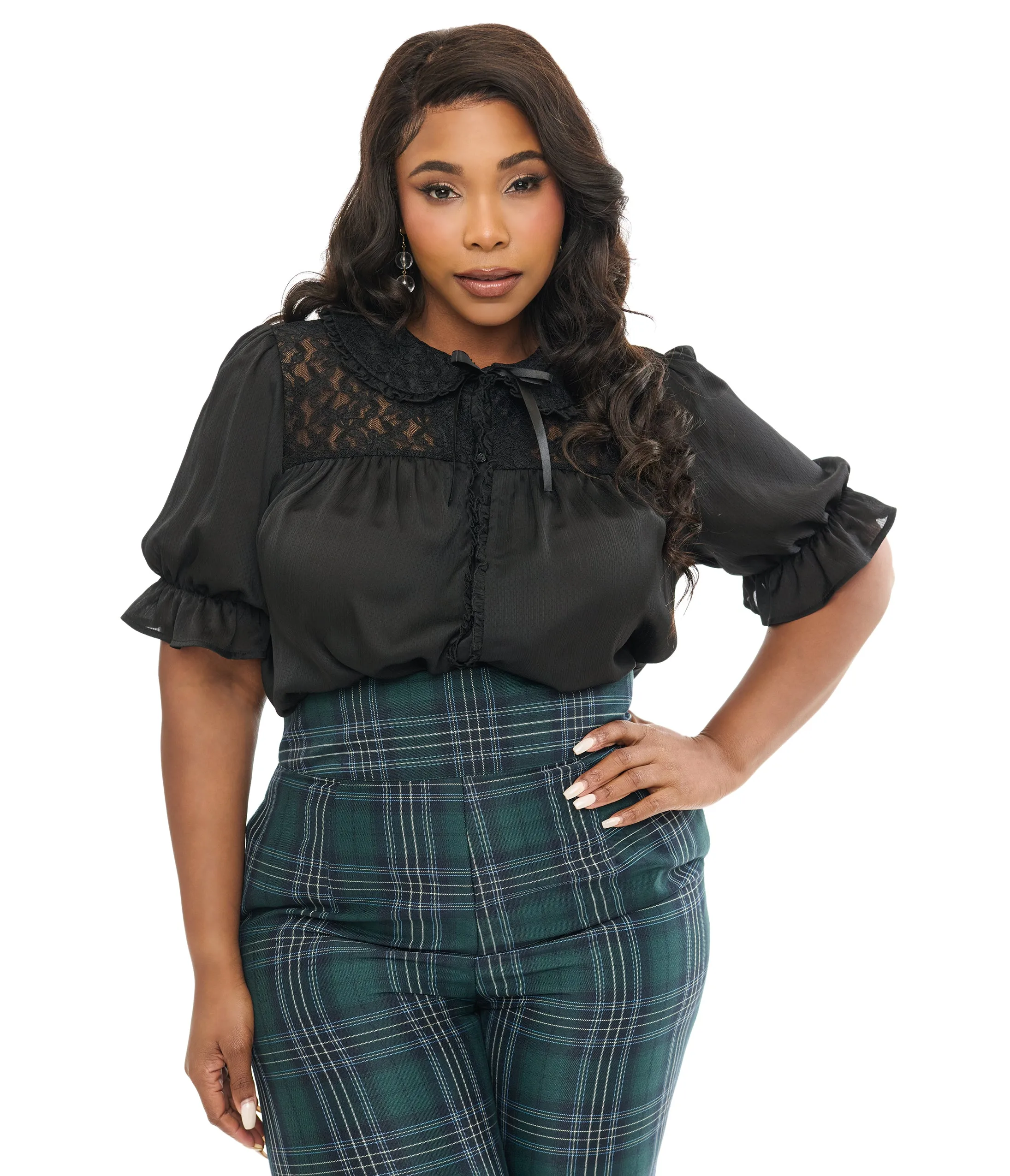 Smak Parlour Plus Size 1960s Black Lace Puff Sleeve Blouse sold by Unique Vintage