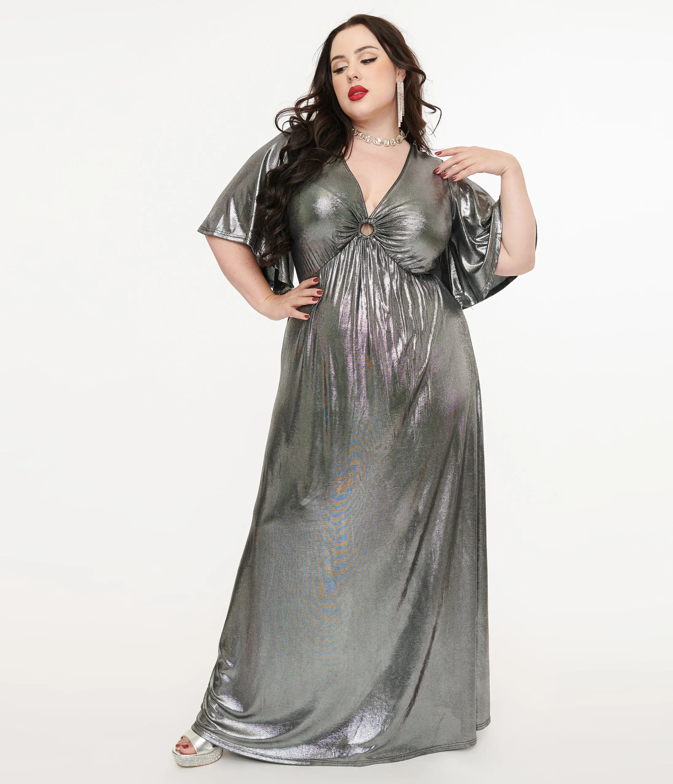 Smak Parlour Plus Size 1970s Metallic Silver Cutout Maxi Dress sold by Unique Vintage