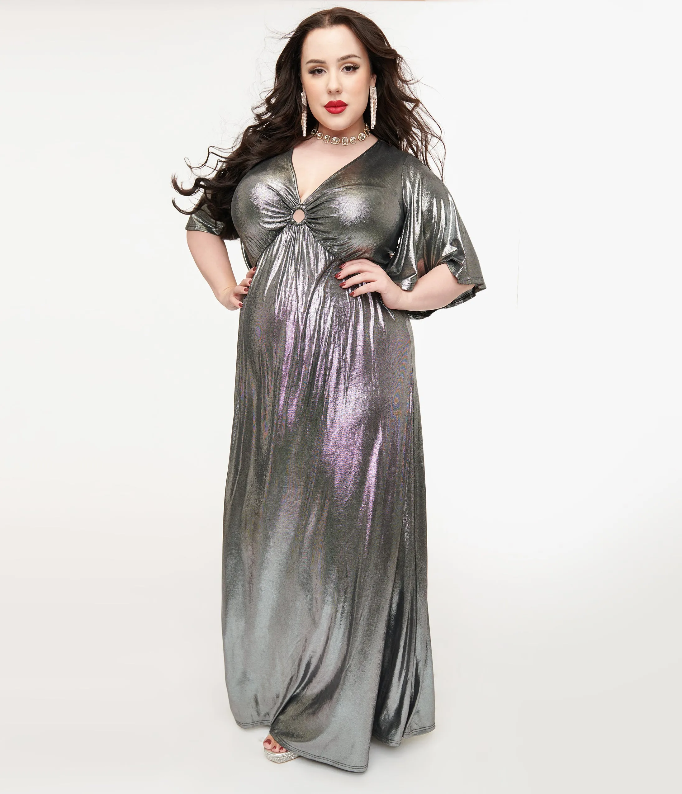 Smak Parlour Plus Size 1970s Metallic Silver Cutout Maxi Dress sold by Unique Vintage product image thumbnail 3