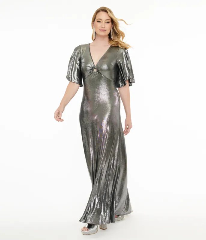 Smak Parlour 1970s Metallic Silver Cutout Maxi Dress sold by Unique Vintage