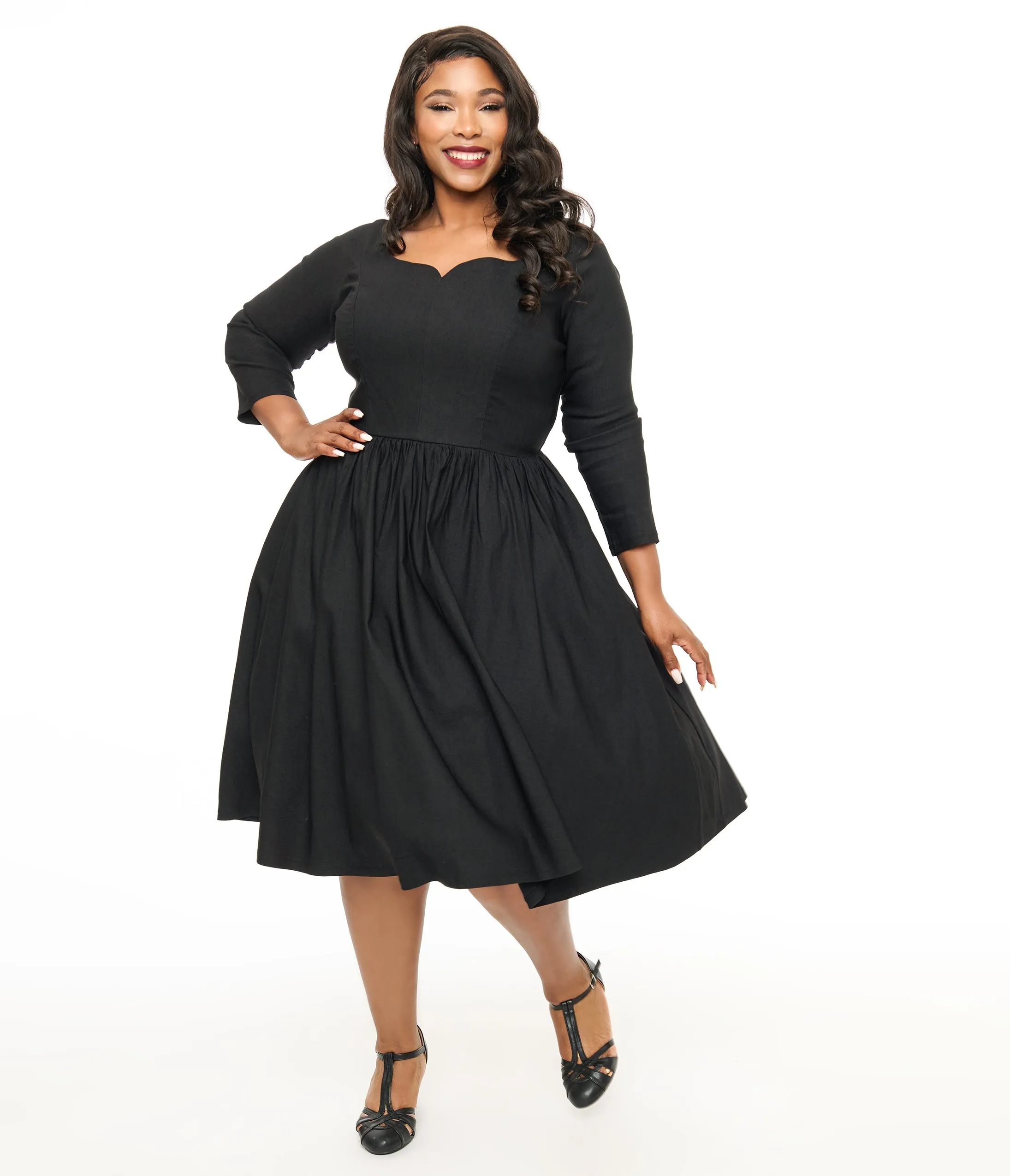 Unique Vintage Plus Size 1950s Solid Black Sweetheart Swing Dress sold by Unique Vintage
